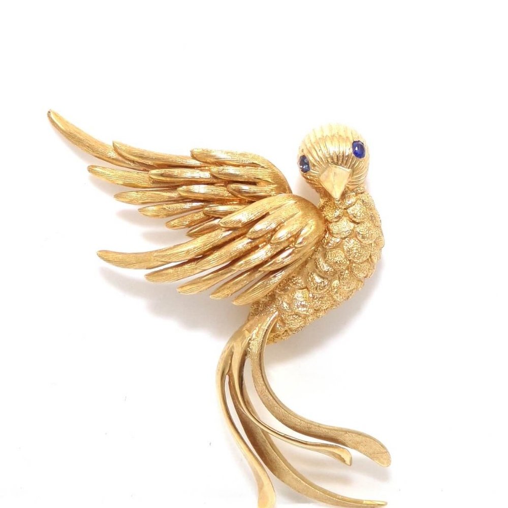 Vtg 14K Gold Bird Of Paradise Sapphire Pin Brooch